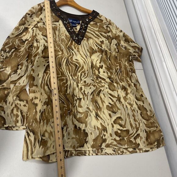 Susan Graver Large Blouse Sheer Tunic Brown Beaded Holiday Event Festive Travel - Picture 12 of 13